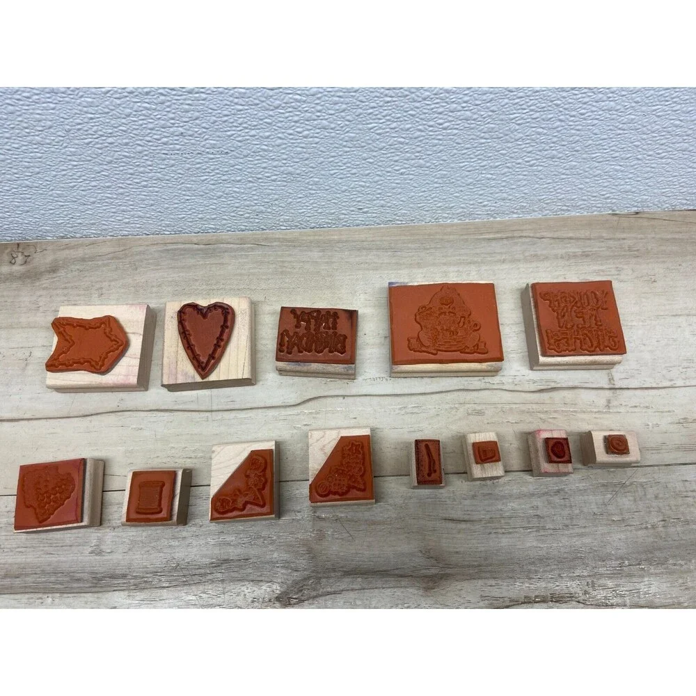 Set Of 13 Mixed Brands Wood Mounted Rubber Stamps - Picture 3 of 4